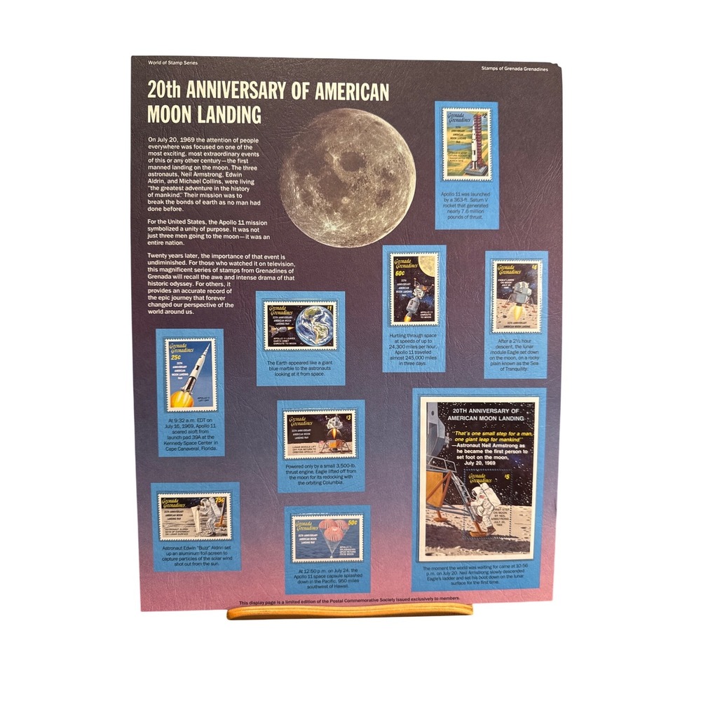 1989 Grenada Grenadines Apollo 11 20th Anniversary Moon Landing Stamp Page PCS